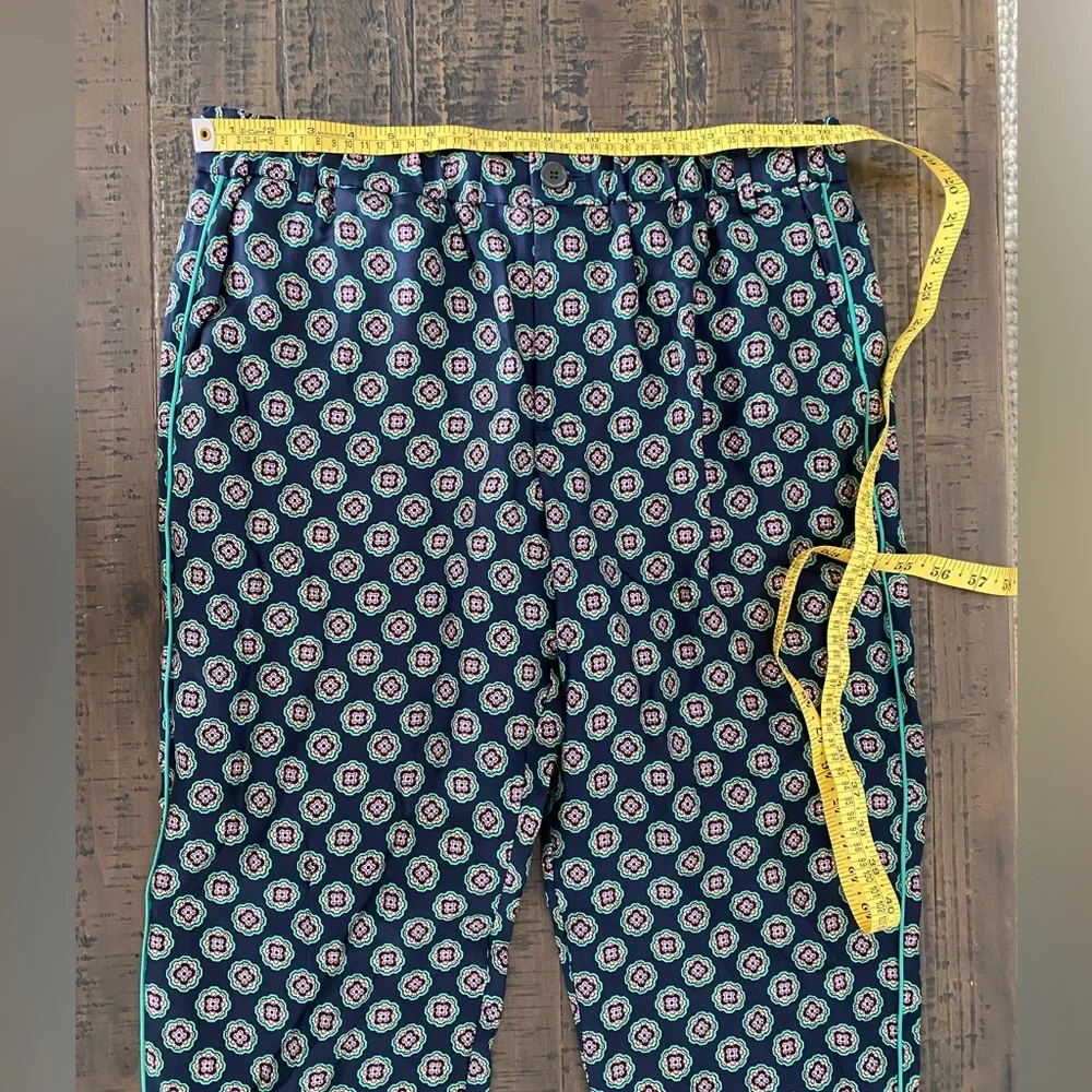 J.Crew Printed Slim (100%) Silk Pants | Navy & Green Pattern | Size 12 Like New